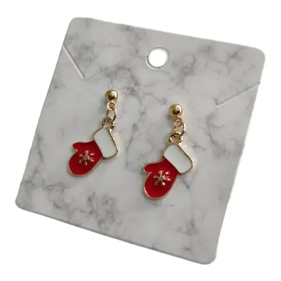 Holiday Earrings Christmas Mitten w/ Snowflake Studs Enamel Gold Plated - Picture 3 of 4